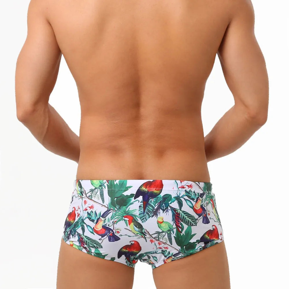 Men's flower and bird print swimming trunks in small boxer brief style with nylon fabric