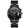 Men's stainless steel watch with black dial and silver chain, showing calendar function and 43mm case