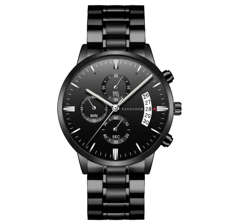 Men's stainless steel watch with black dial and silver chain, showing calendar function and 43mm case