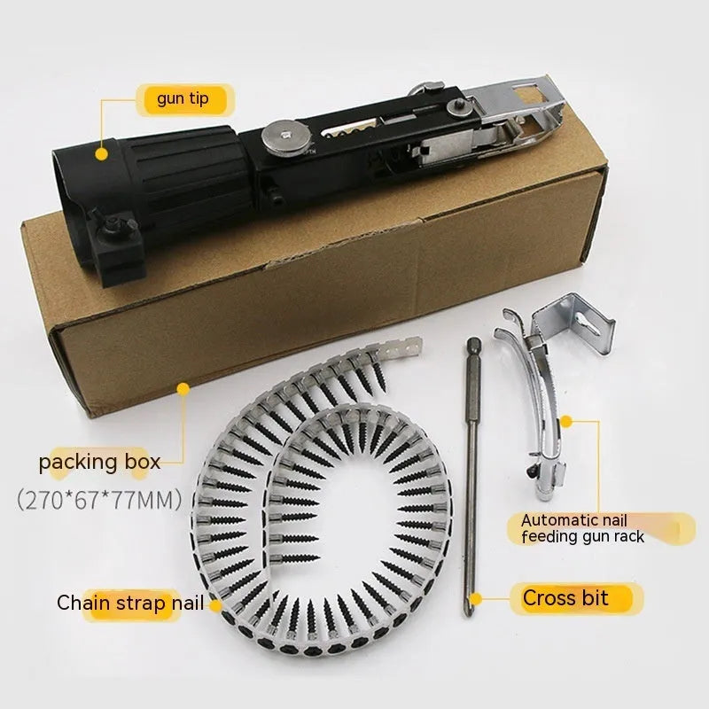 Chain screw gun head kit with metal gun head, chain band D, cross head, and gun rack on workbench