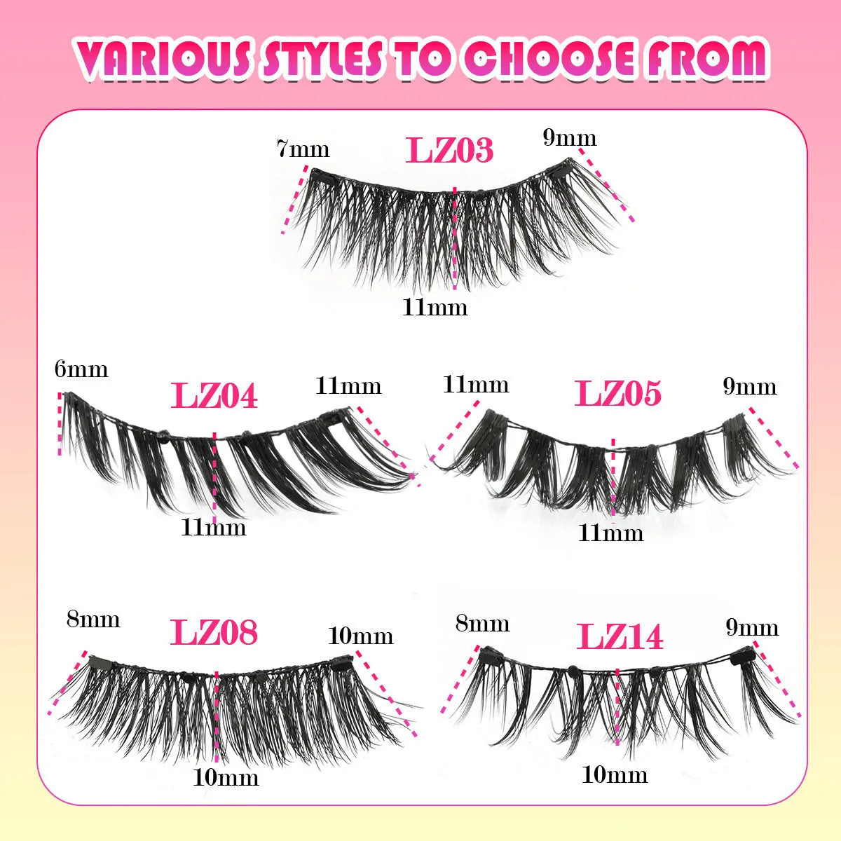 Reusable waterproof false eyelashes with glue-free application showing 0.6mm-1.1mm thickness range