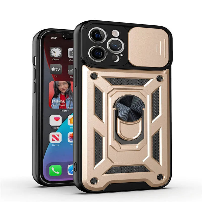 Sergeant sliding window magnetic bracket phone case for iPhone in blue, showing the back cover with sliding panel.