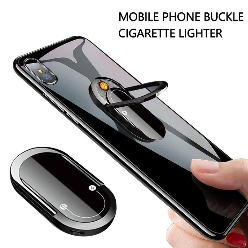 2 in 1 USB plasma lighter and mobile phone holder in aluminium alloy, black ice colour, with ring buckle and USB charging cable