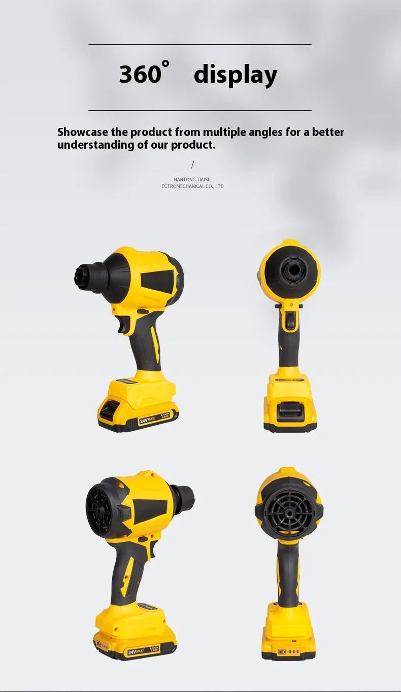Yellow handheld lithium battery dust gun with 680W power rating for cordless cleaning and inflation