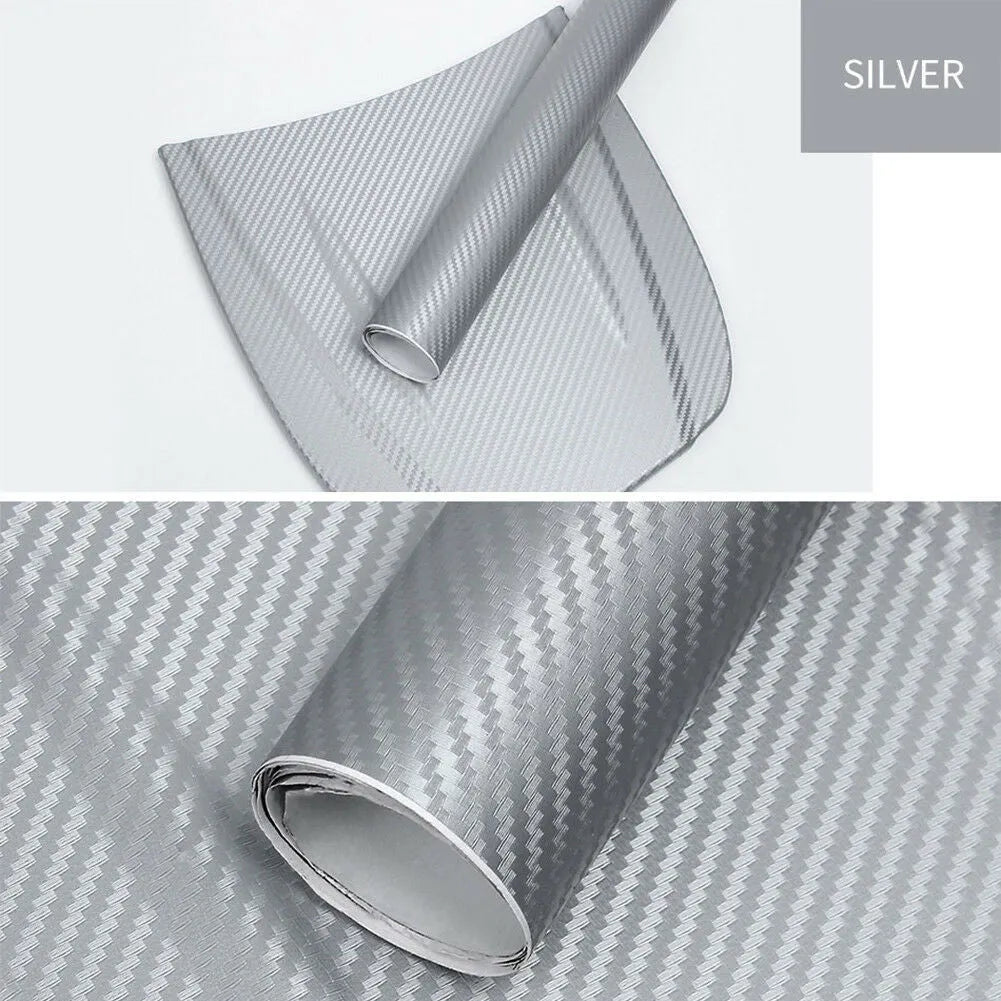 Roll of black 3D carbon fibre texture adhesive sticker for car decoration, showing textured pattern.
