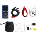 Owon HDS272 handheld digital oscilloscope with probe and accessories on a workbench