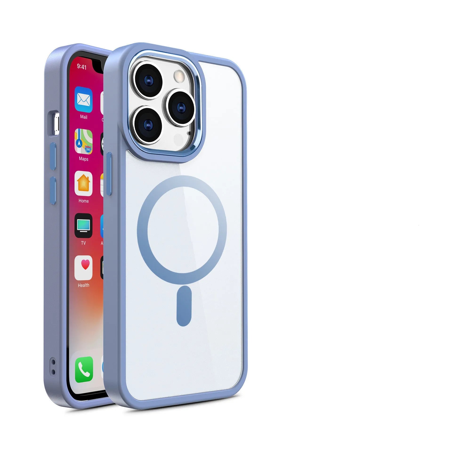 Transparent magnetic silicone phone case for iPhone showing compatibility with car mount and available in multiple colours