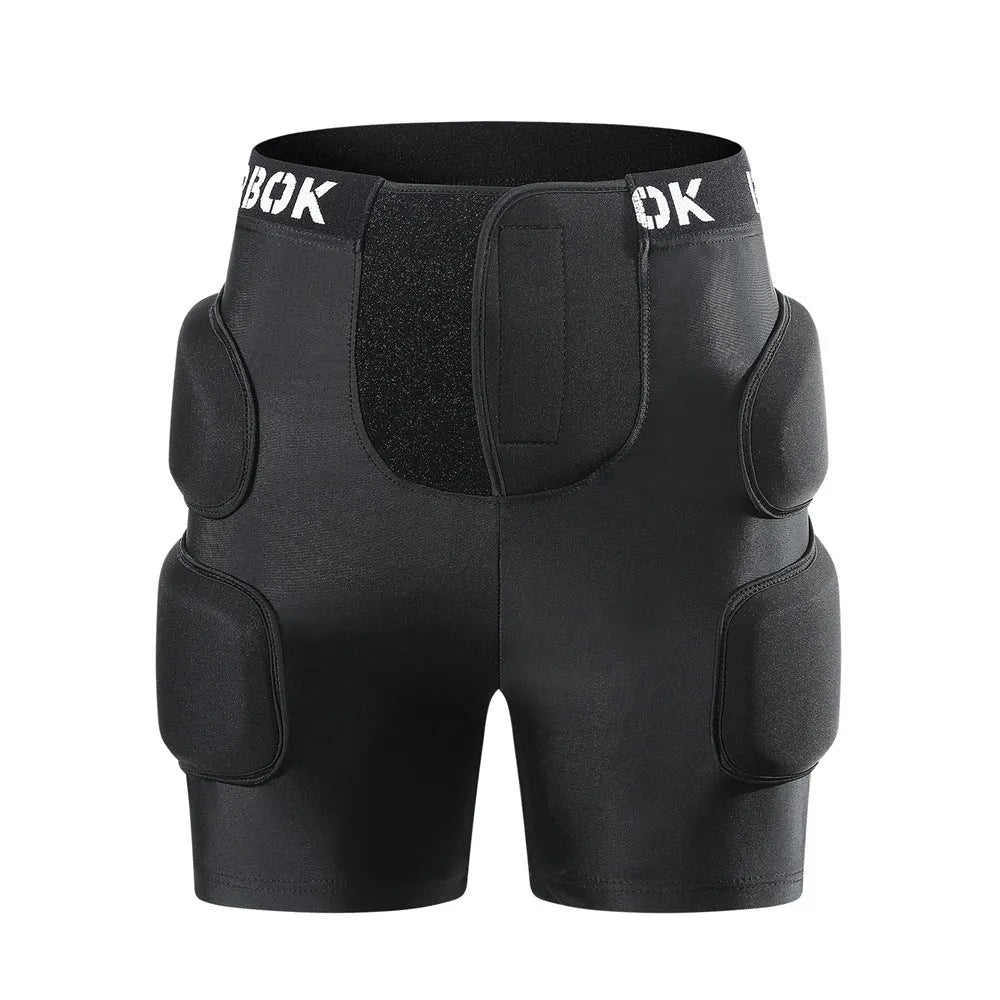 Black Spandex and NBR foam hip protection pad for sports like roller skating and skateboarding.