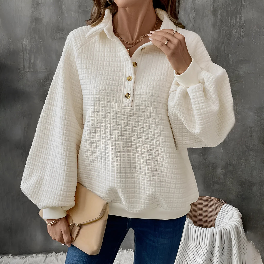 Women's textured polo collar sweater in milky white beige thickened polyester knit