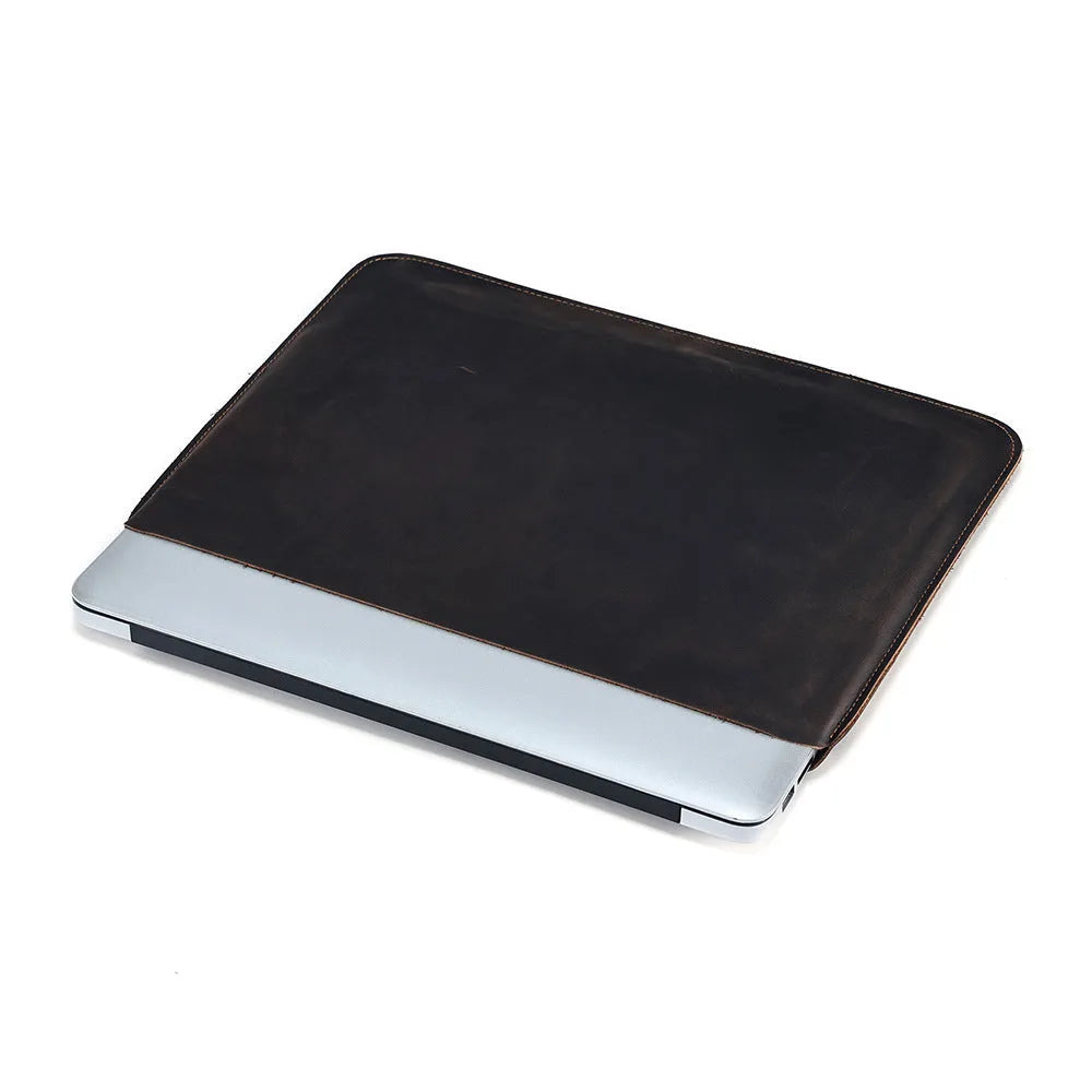 Brown genuine leather computer liner bag with horizontal design and wear-resistant cowhide lining