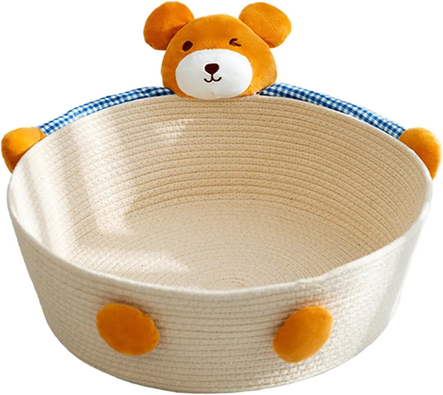 Woven cotton rope cat bed with scratching board in bear design