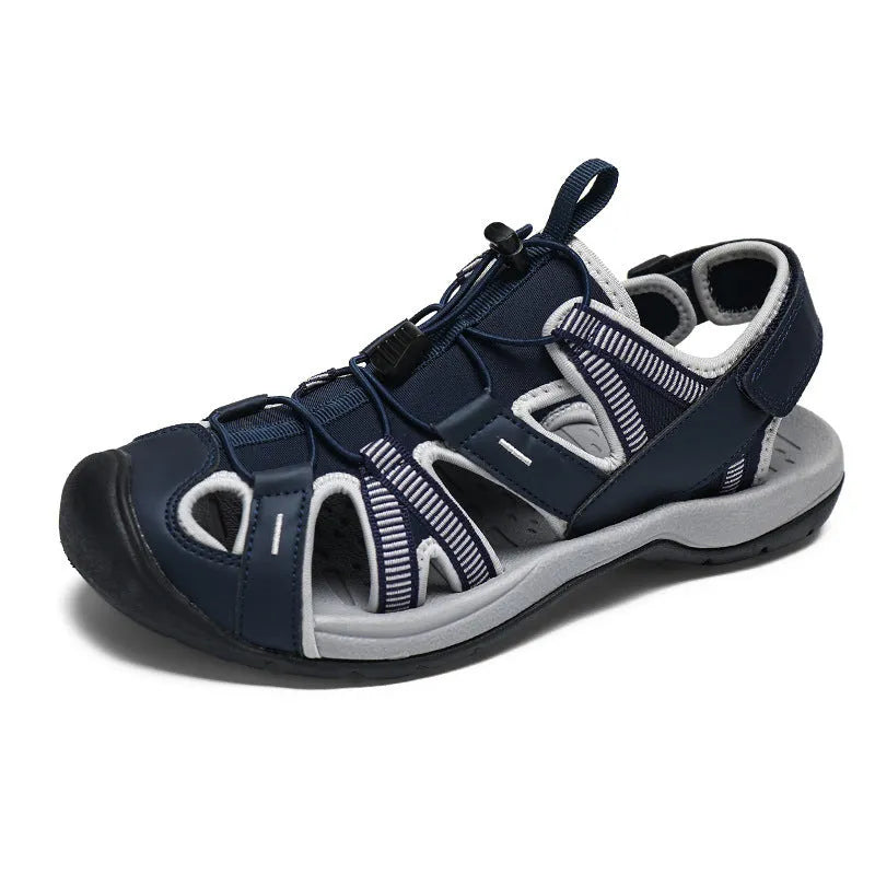 Men's blue summer sports shoes with mesh upper and Velcro fastening displayed on white background