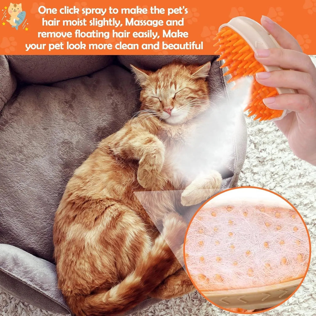 Yellow 4-in-1 cat steam brush with ringworm detector, water reservoir, and silicone grooming teeth