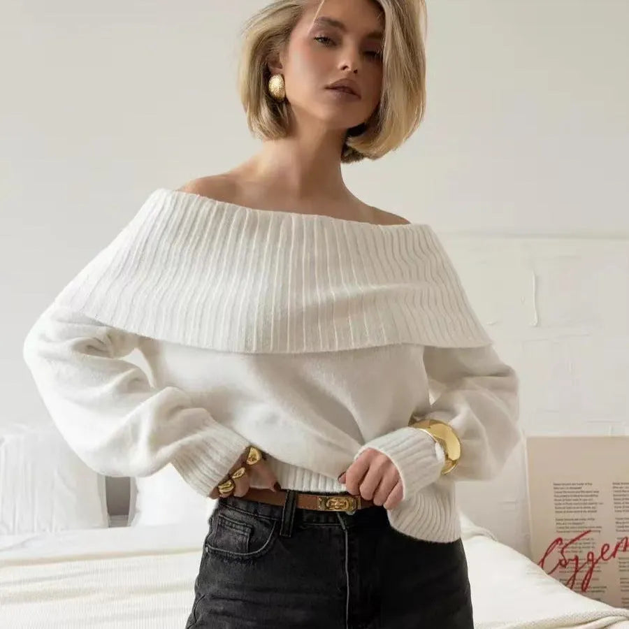 Grey off-the-shoulder sweater with 3D textured pattern and strapless design