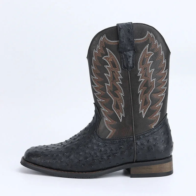 Men's black denim-look artificial leather western boots with square toe and low wedge heel.