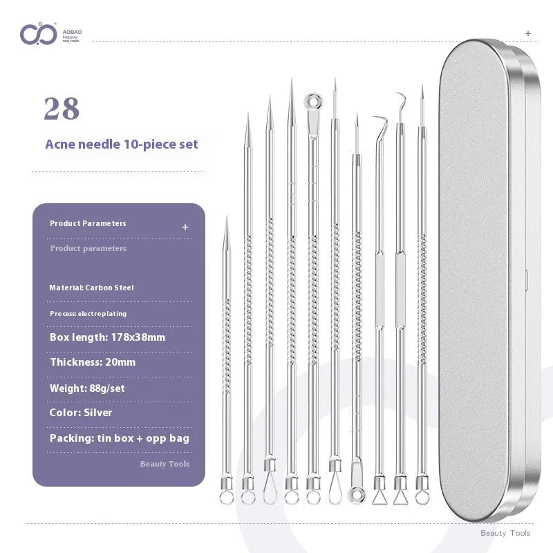 Four silver metal acne needles with fine pointed tips for blackhead removal.