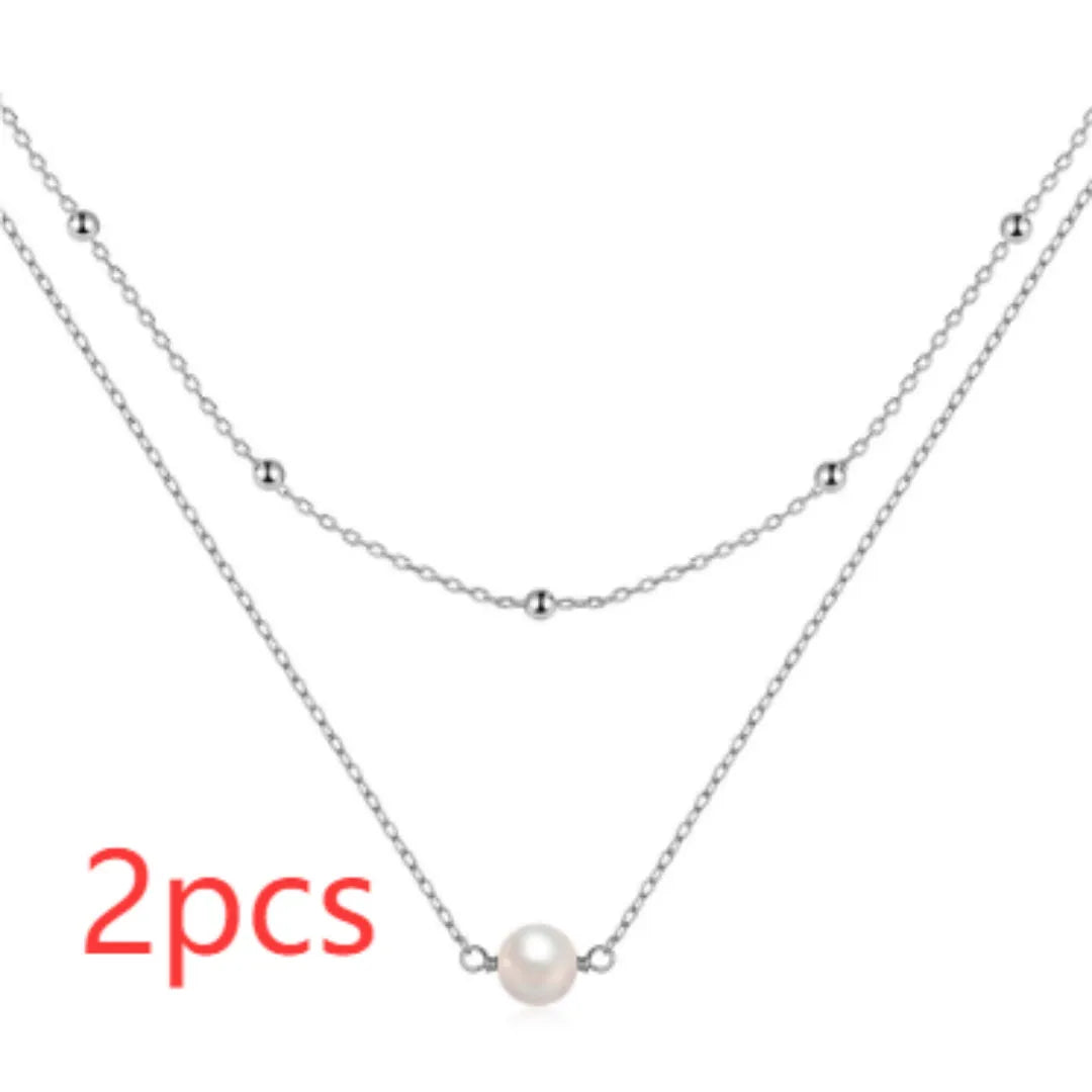 S925 sterling silver double layer pearl necklace with twin pearls and ball bead chain in gold colour