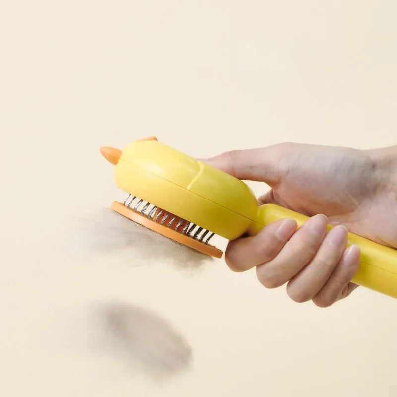 Purple self-cleaning pet grooming brush with stainless steel bristles on a white background