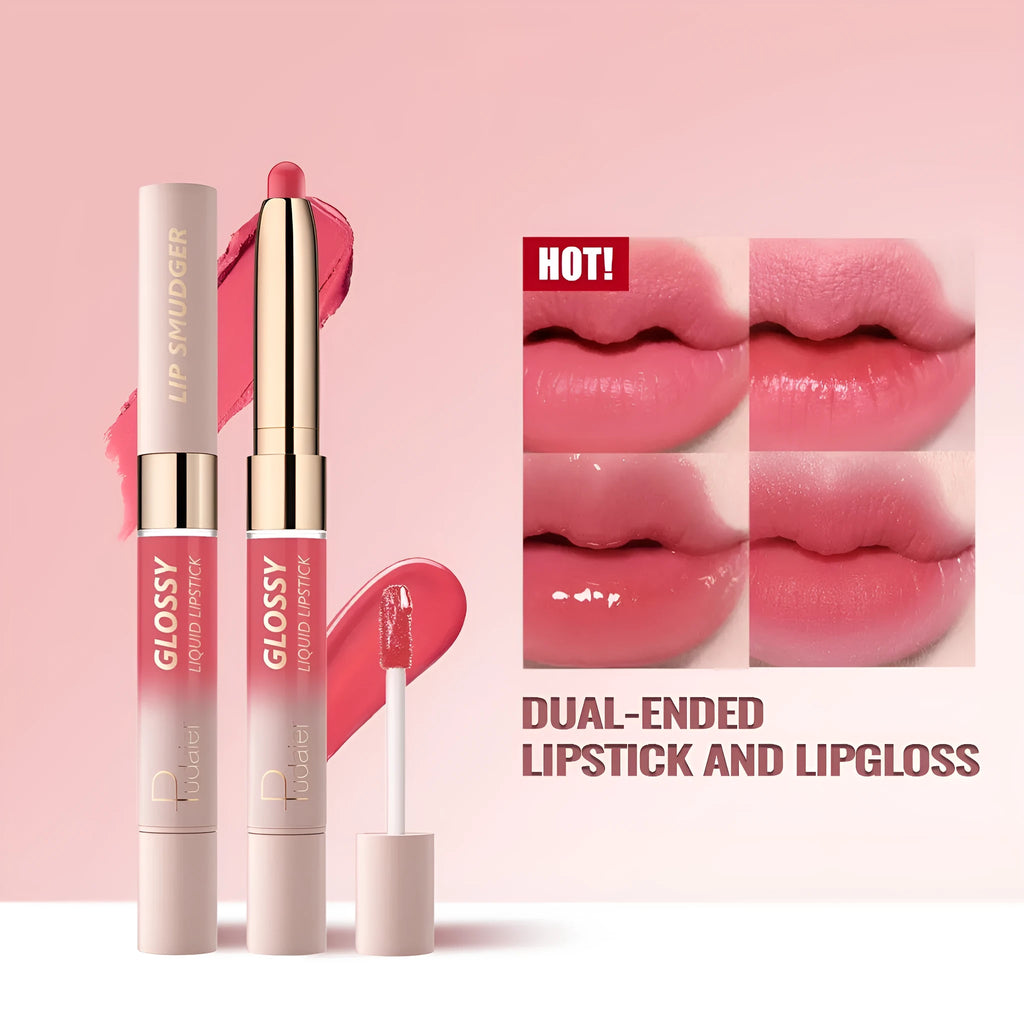 Double-headed lipstick and lip gloss product showing matte colour and gloss components