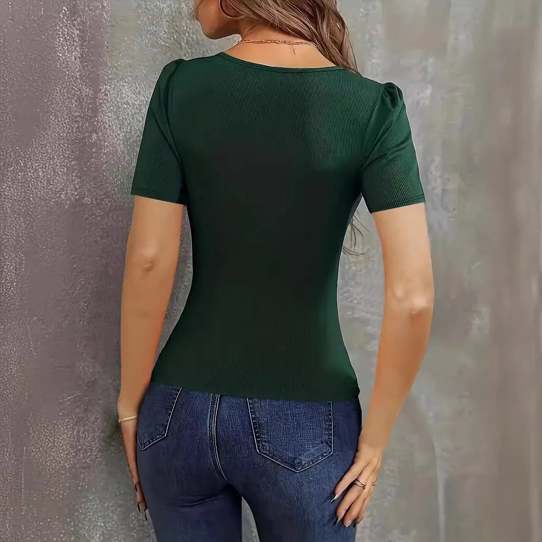 Women's slim fit knitted short sleeve top in polyester fabric with low neckline