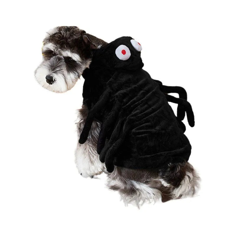 Spider pattern dog Halloween costume in polyester fabric shown in size options S, M, L.