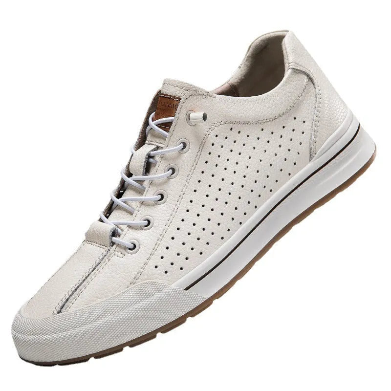 Men's white matte leather casual shoes with round toe and 6cm flat sole available in hollow-out and fleece-lined variants