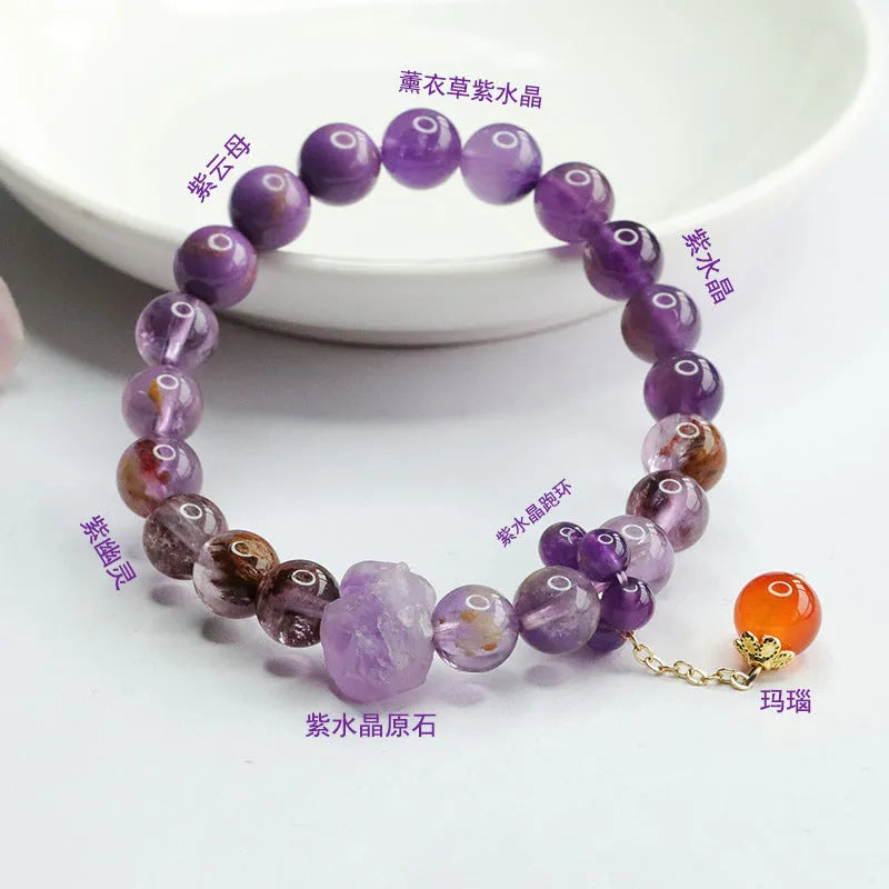 Natural purple amethyst crystal bracelet with red agate stones, 8mm beads, Mori style