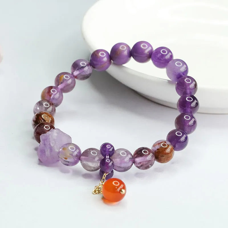 Natural purple amethyst crystal bracelet with red agate stones, 8mm beads, Mori style