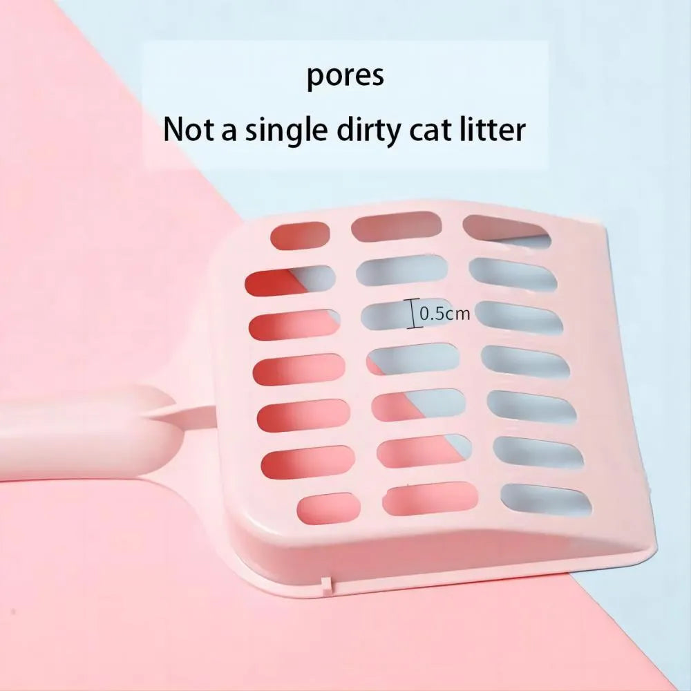 Blue plastic cat litter scoop showing its size on a white background.