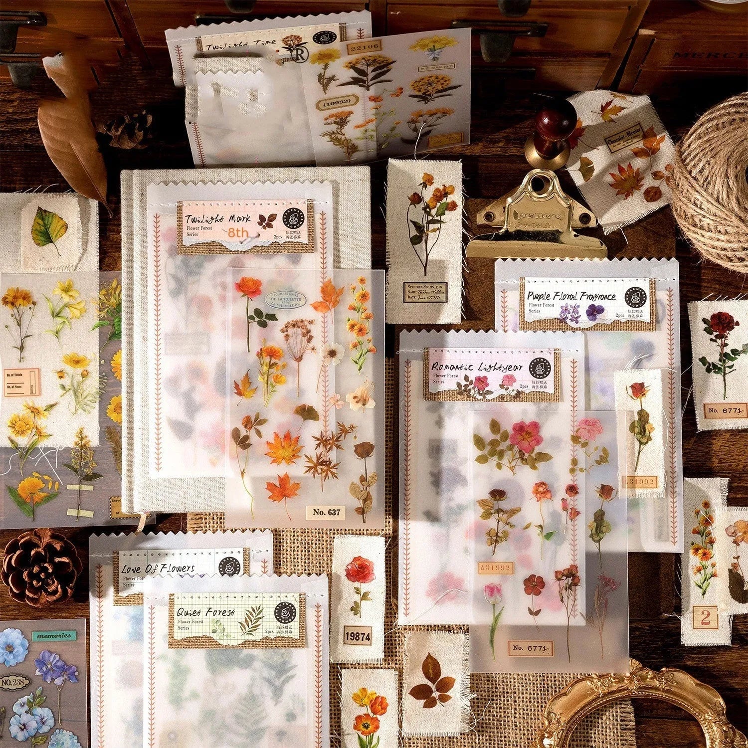 Huazhisen forest art deco sticker pack showing six 85x180mm designs with transfer paper and cotton linen sheets