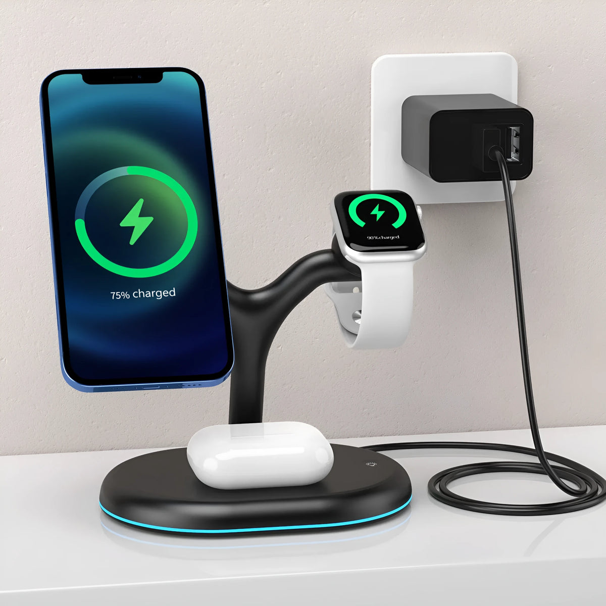 Black three-in-one magnetic wireless charger with simple design on a table.