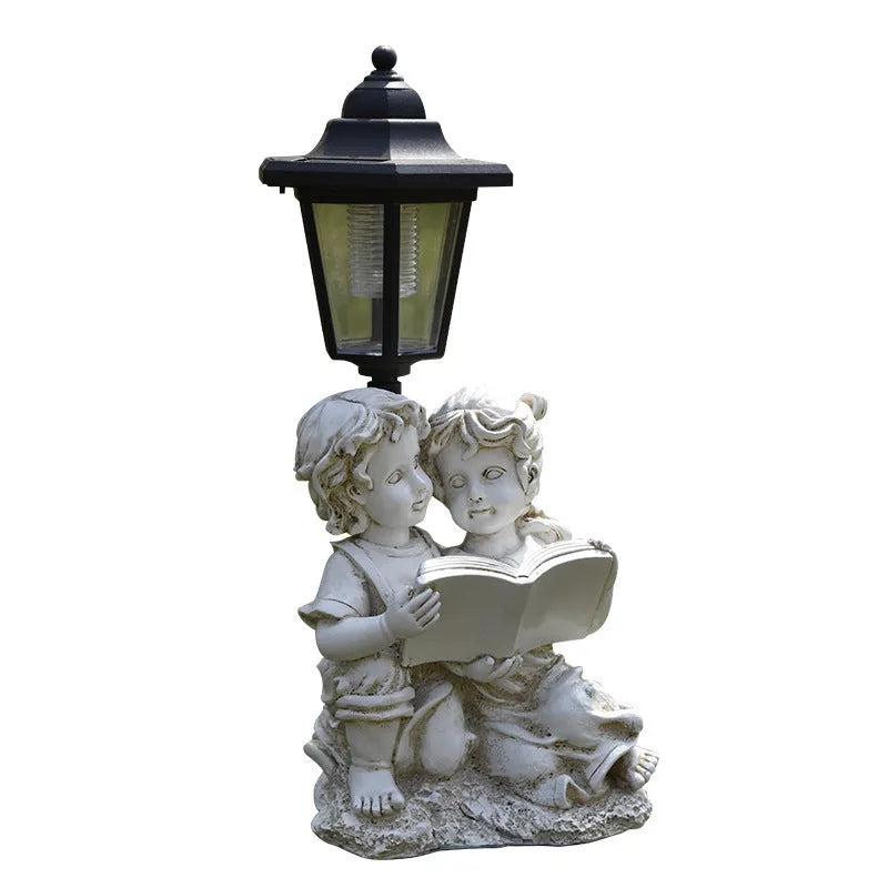 Solar-powered hexagonal garden lamp in American country style resin, showing decorative animal figure design option.
