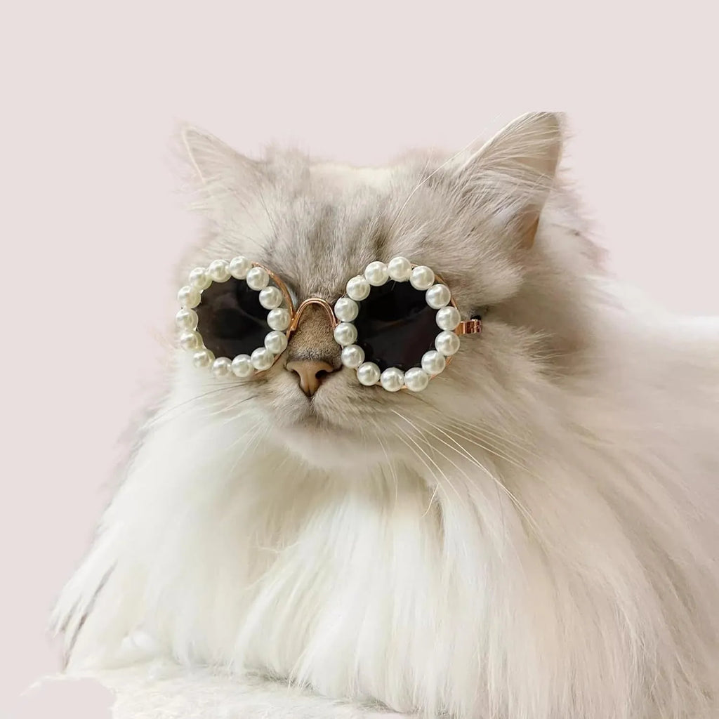 Pearl-rimmed round sunglasses for cats and dogs in multiple colours as costume accessories