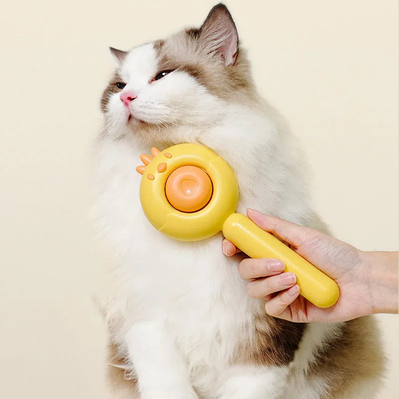Purple self-cleaning pet grooming brush with stainless steel bristles on a white background