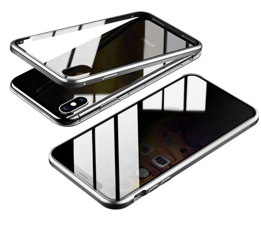 Black glass clamshell anti-spy phone case with a geometric pattern for iPhone.