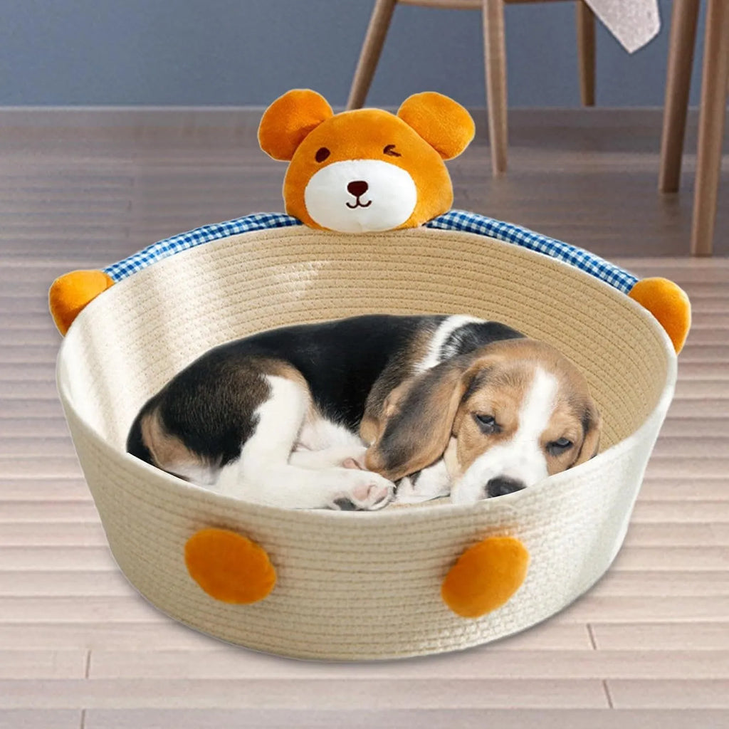 Woven cotton rope cat bed with scratching board in bear design
