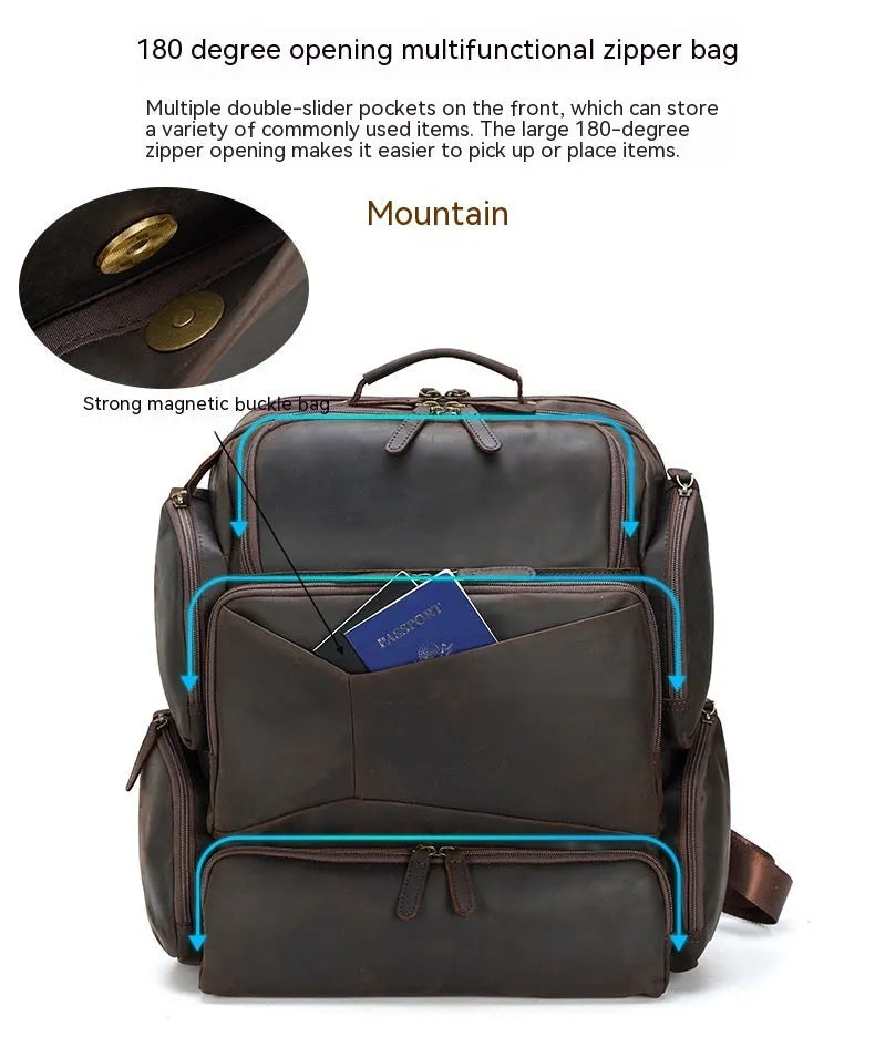 Dark brown genuine leather backpack with 17-inch laptop compartment and multiple organisational pockets