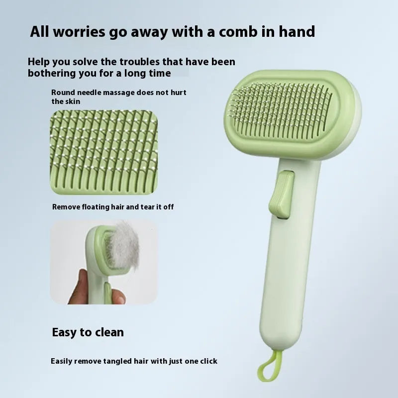 Large pet hair removal comb with stainless steel teeth and one-click button in light green pink or grey