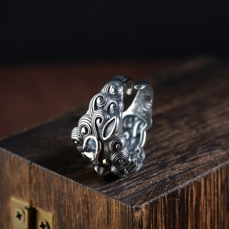 Silver adjustable open ring with Jibeast animal zodiac pattern and diamond detailing