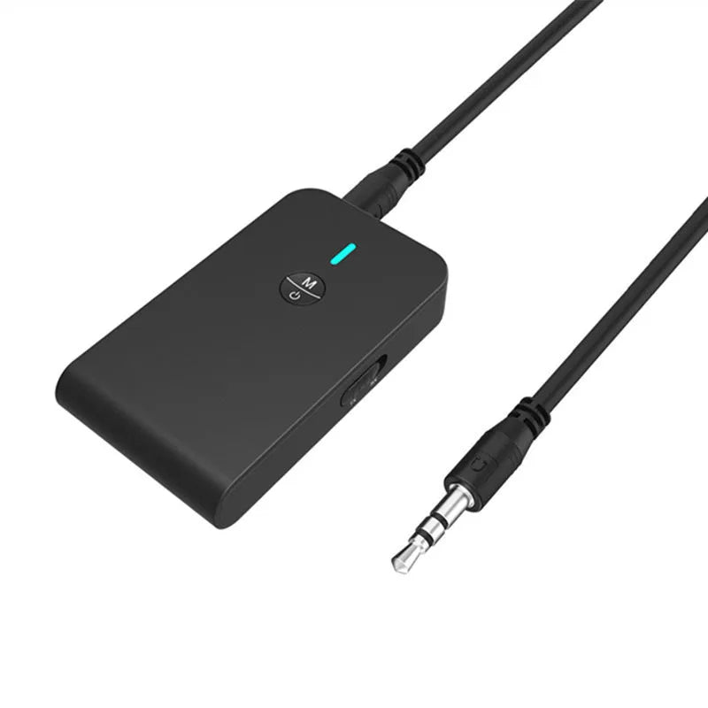 Black Bluetooth audio adapter with 3.5mm jack and external power supply unit