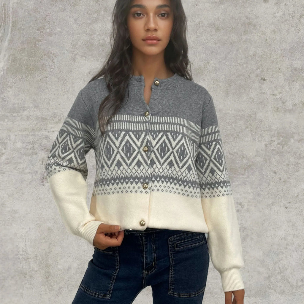 Women's grey alpaca wool cardigan with diamond knit pattern and long sleeves