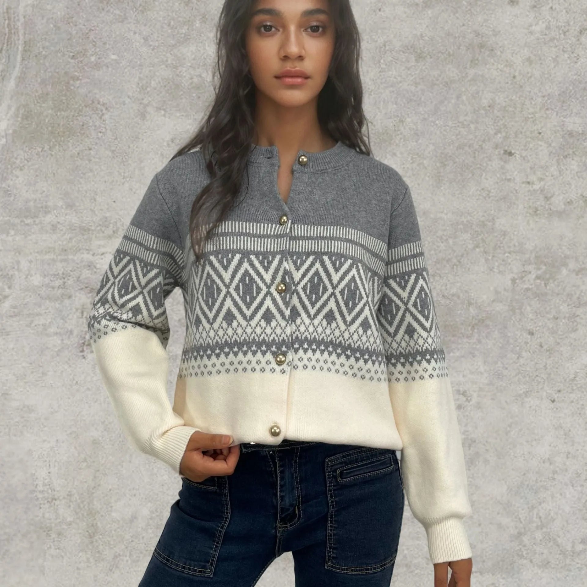 Women's grey alpaca wool cardigan with diamond knit pattern and long sleeves