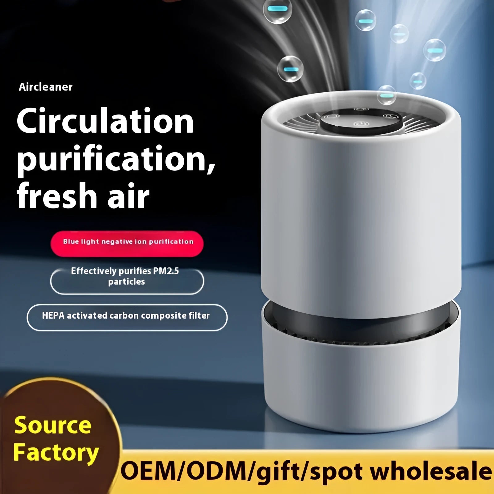 White desktop air purifier with USB cable for formaldehyde and odour removal