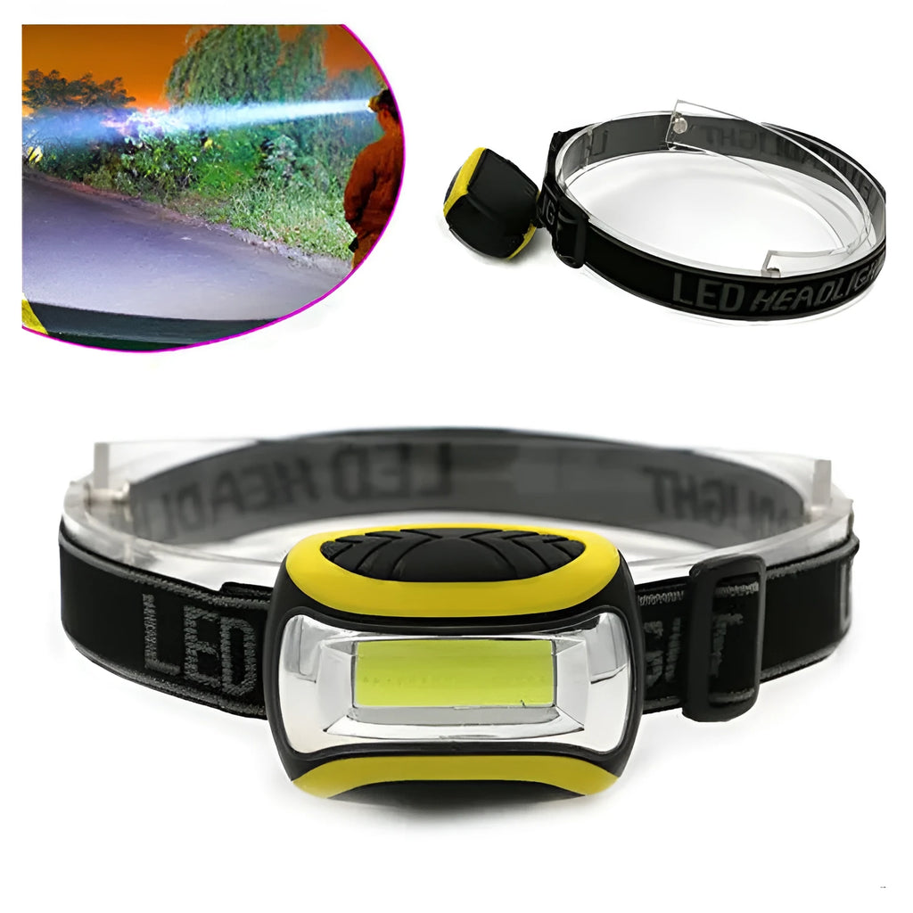 Yellow three-speed COB headlamp for outdoor night riding and hands-free work.
