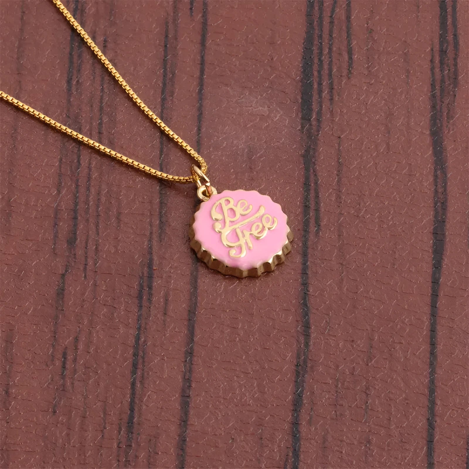 Copper bottle cap pendant necklace with 18K gold electroplated finish on a 40cm box chain