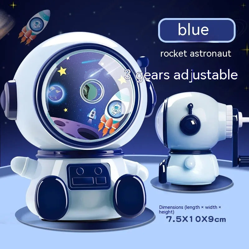 Blue astronaut pencil sharpener with manual operation and anti-jam mechanism