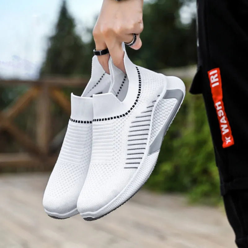Men's striped mesh sock shoes with Flyknit upper and lace-up front in black colour
