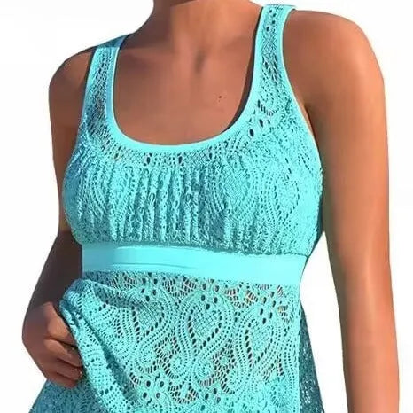 Women's hollow back two-piece swimwear set in solid colour with conservative cut for swimming sports