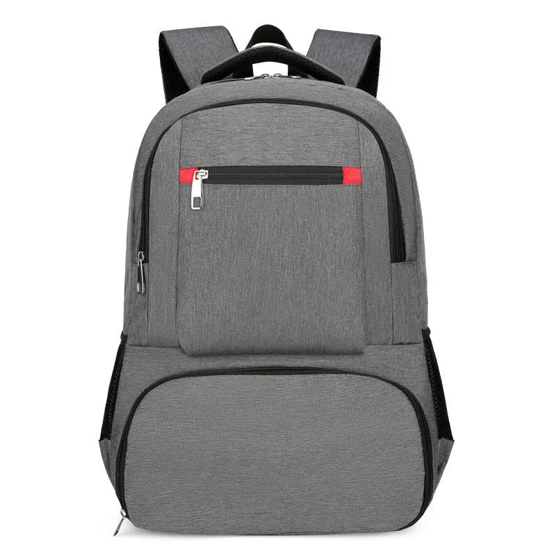 Insulated Oxford cloth backpack in grey with curved shoulder straps and multiple compartments