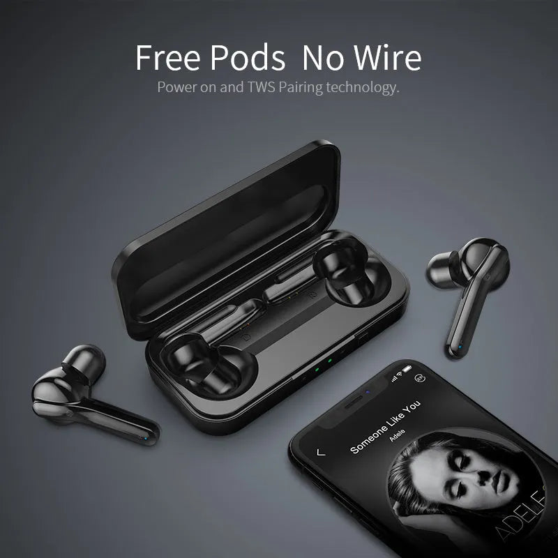 Black and white true wireless stereo earbuds with Bluetooth 5.0 and IPX5 waterproof rating.